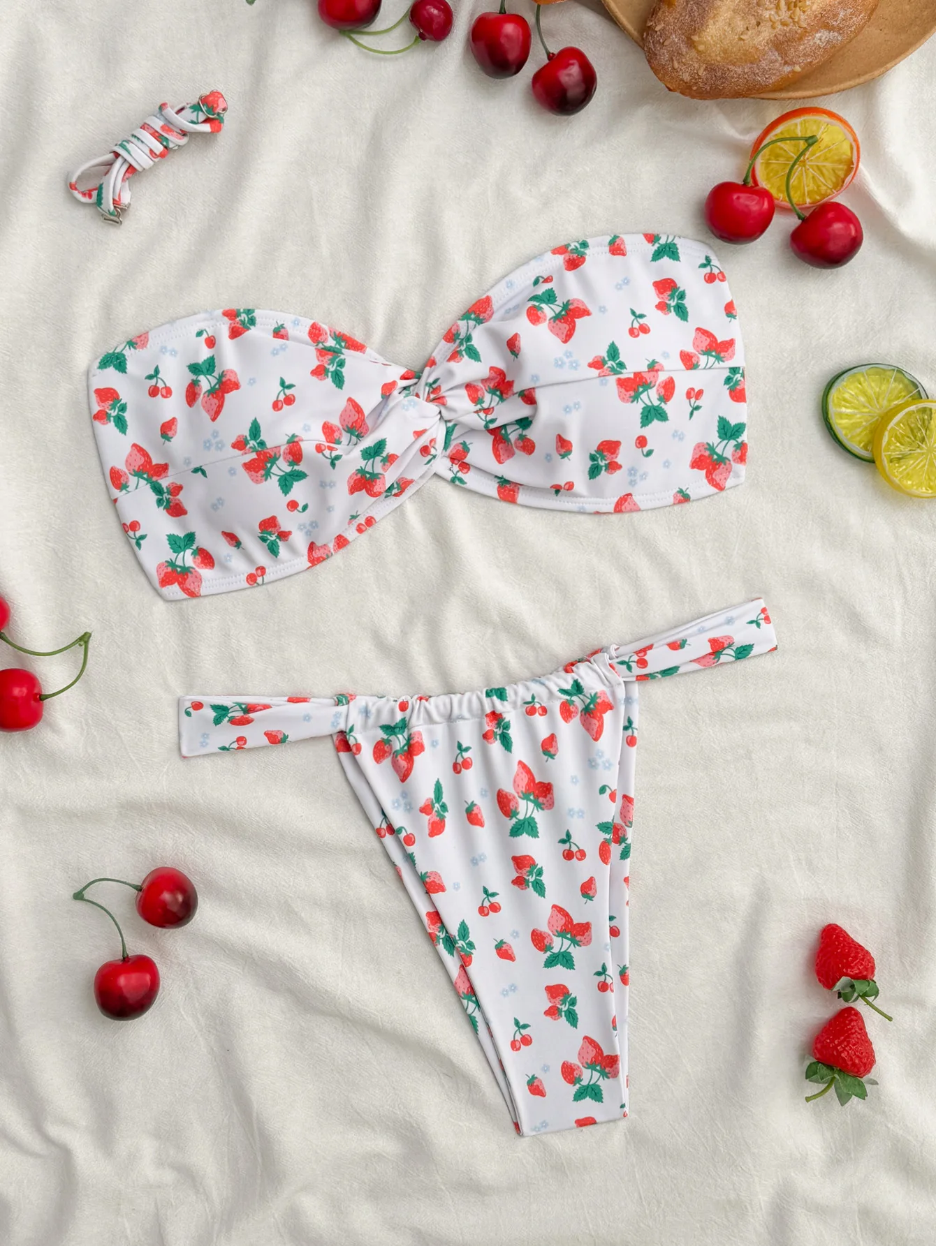 sexy strawberry print bandeau bikinis sets two pieces wrinkled thong swimsuits bathing suit swimwear biquini tankini trikini