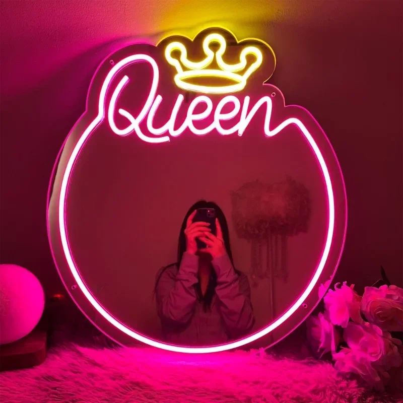 Mirror Neon Light Queen Neon Sign Girls Room Wall for Bathroom Home Decor Lamp Bedroom Decor Neon Mirror Party Decoration LED