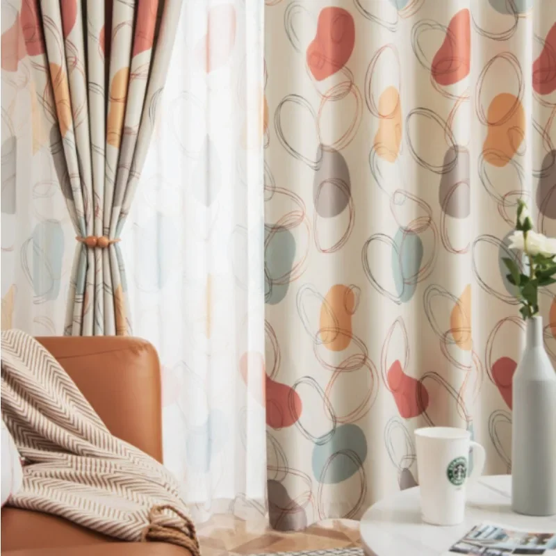 Nordic Ins Style Morandi Hand-painted Coil Strips Small Clear Blackout Curtains Living Room Bedroom Balcony Curtains