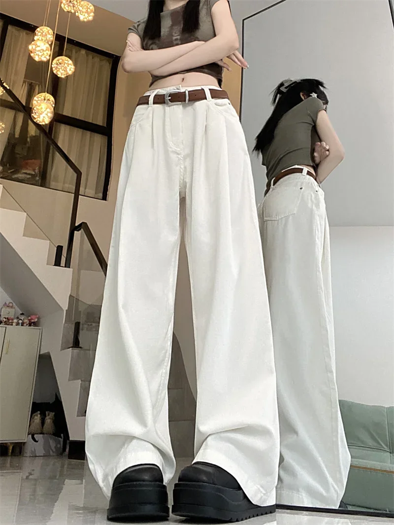QWEEK Y2K Vintage Khaki Baggy Jeans Women Korean Style Basic Denim Pants Female Oversized Harajuku Retro Wide Leg Trousers