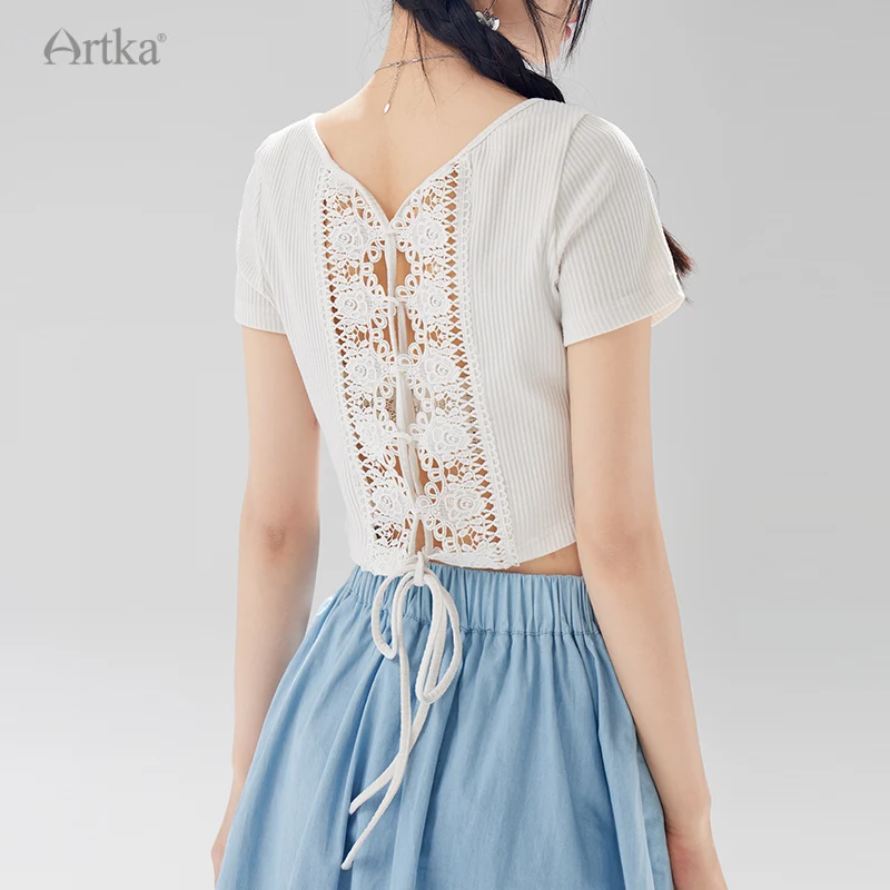 

ARTKA 2023 Summer New Women T-shirts Elegant Lace Stitching Backless Bandage Short Sleeve Slim Waist T-shirt Female TA15085X