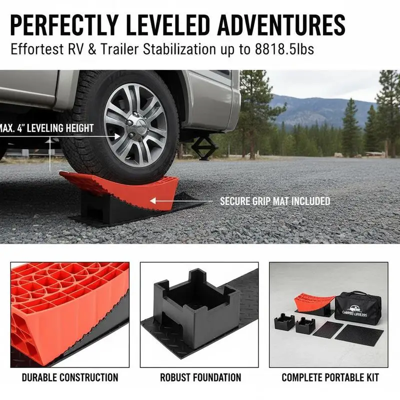 RV Leveling Wedges 15" For Travel Trailers Motorhomes Campers 4" Lift Height Heavy Duty Curved Ramp Kit Rubber Mats Carrying Bag Bubble Indicators 2-Pack view 6