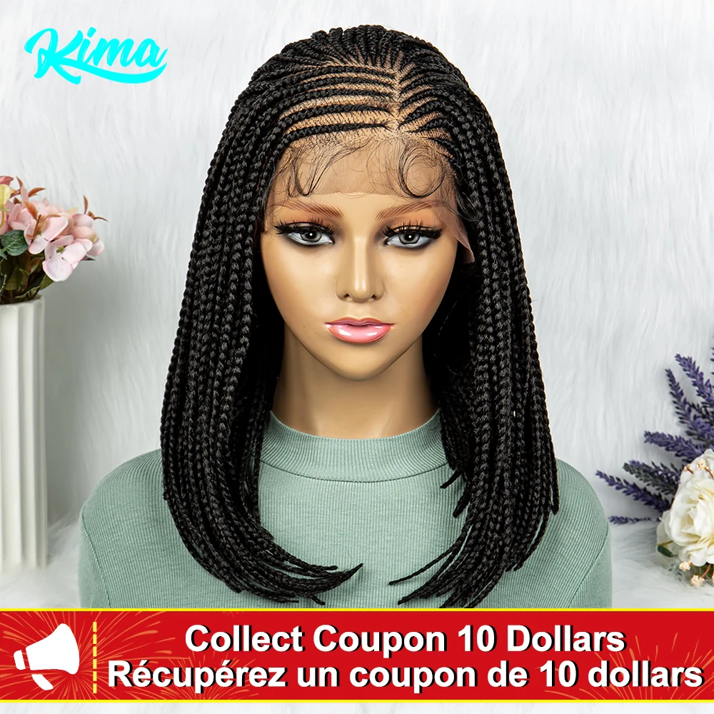 Short Box Braided Wig Synthetic Bob Wig Knotless Braiding Wig Lace Front 16 Inches Afro Braided Hair For Black Women