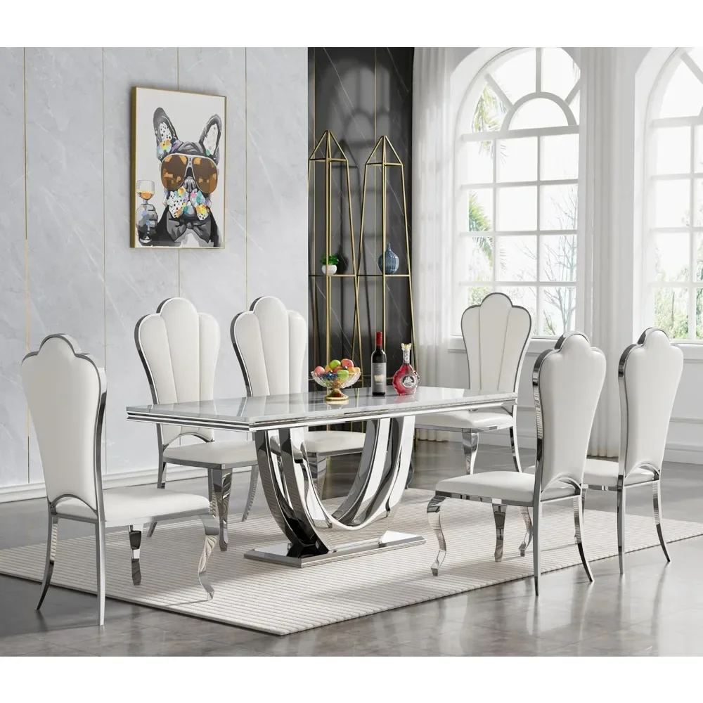 

7Piece Dining Table Set with6PU Leather Dining Chair,Imitation Marble Dining Table and Chair Set for6White Room Table Set