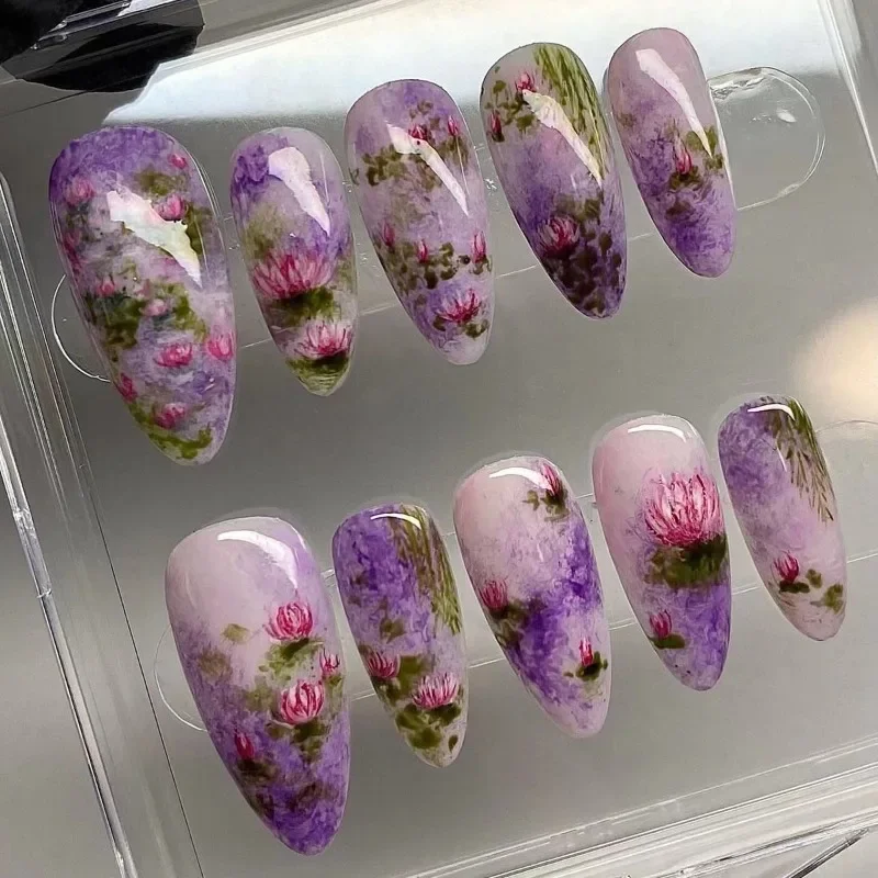 

24 Pcs Press on Nails with Glue Charms Fake Nails with Design Realistic Long Almond Summer Lotus Flowers False Nail for Girls