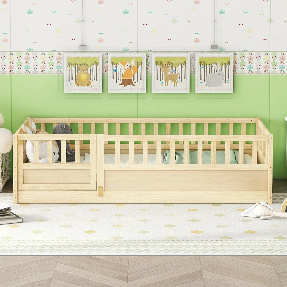 

Twin Size Floor Bed, Integral Construction With Super High Security Barrier, Door, Children's Floor Bed Frame