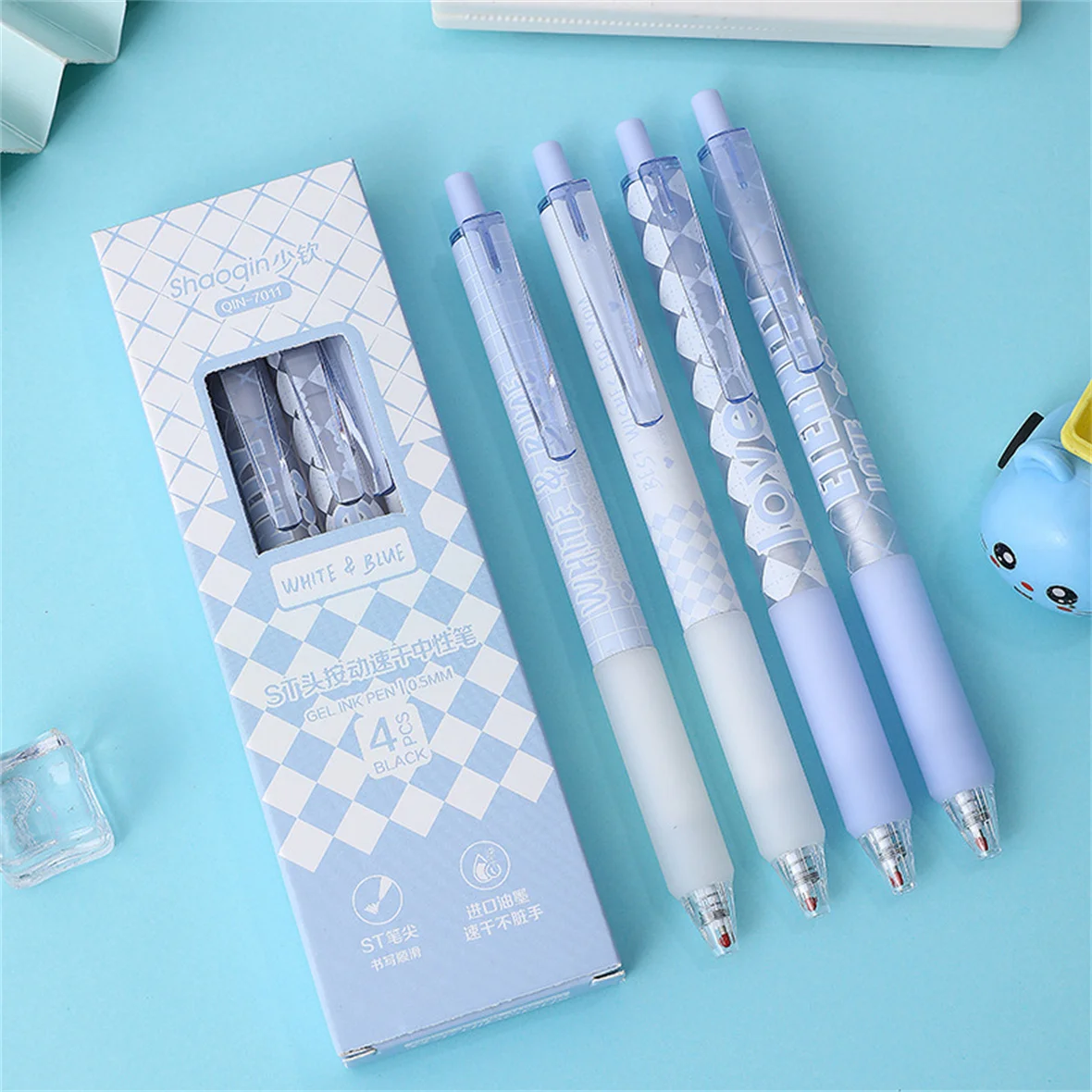 4pcs Blue Series Gel Ink Pen Set ST Pen Tip Black Ink Quick Dry Pen Press Action Neutral Pen School Supplies Office Stationery