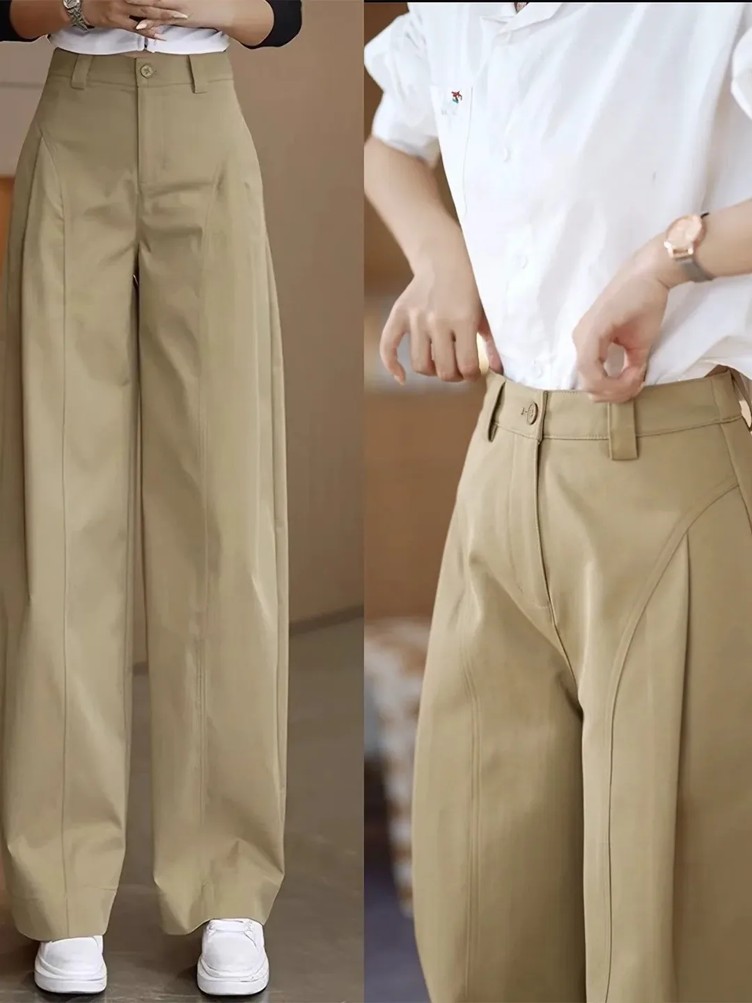 Khaki Wide Leg Pants Women's High Waist Straight Casual Trousers Autumn 2026 New Popular Bend Knife Pants Casual Style
