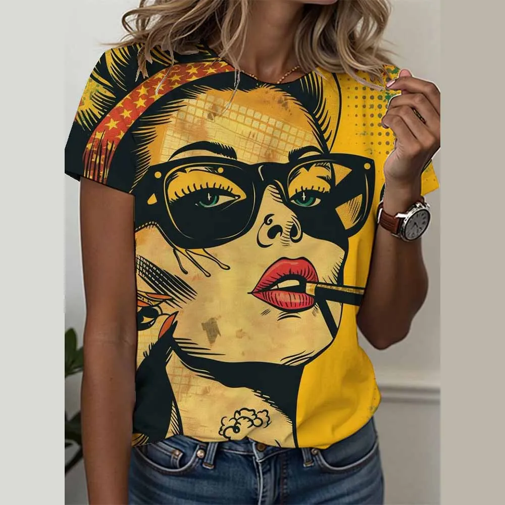 Facial Pop Art T-shirts Ethnic Geometry Facial Pop Art 3D Print Women Streetwear O-Neck T Shirt Harajuku Y2k Top Oversized Tees