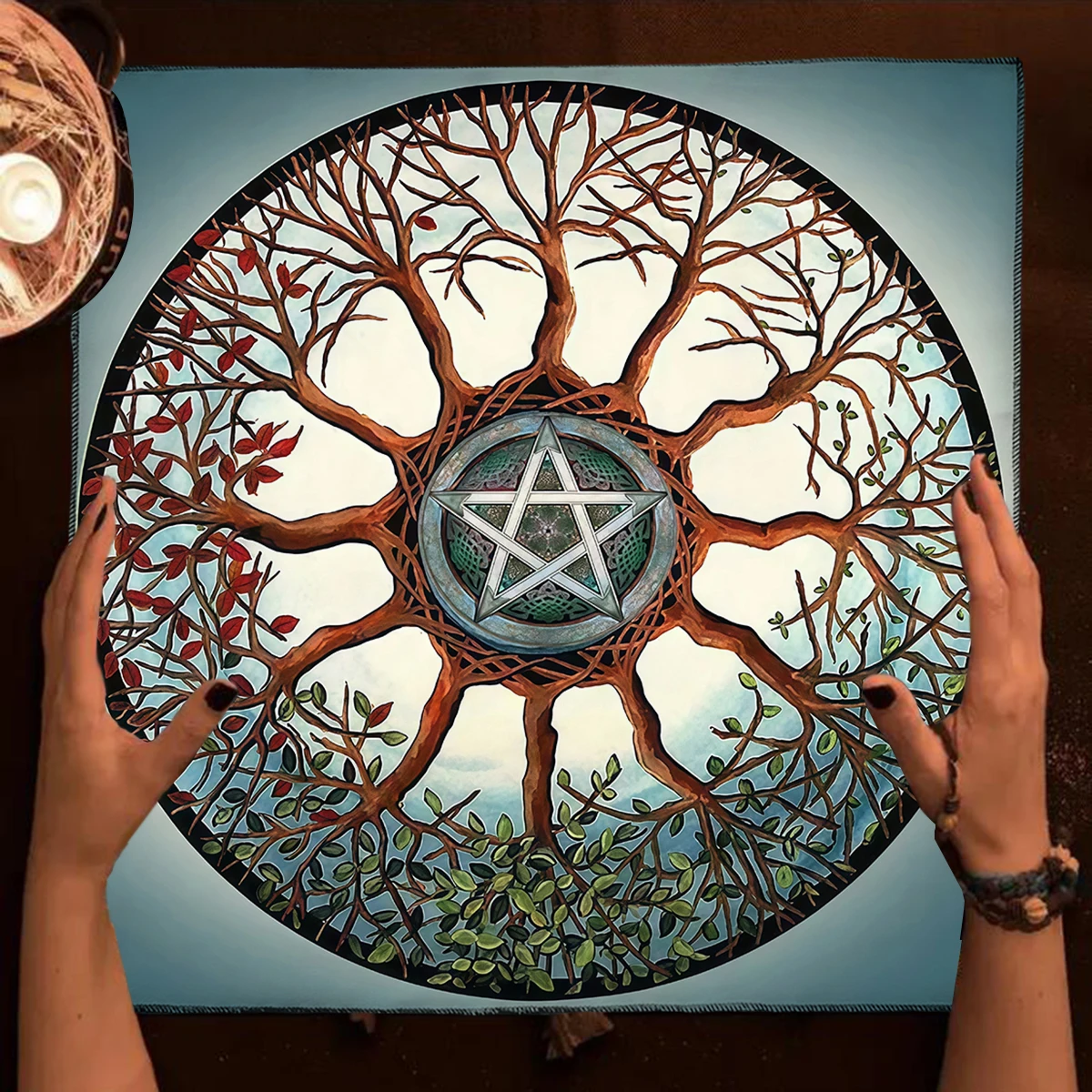 

Ткань Таро с пентаграммой, коврик для гадания с укорененным деревом и звездным принтом, алтарная скатерть для карт Таро, Oracle Ritual