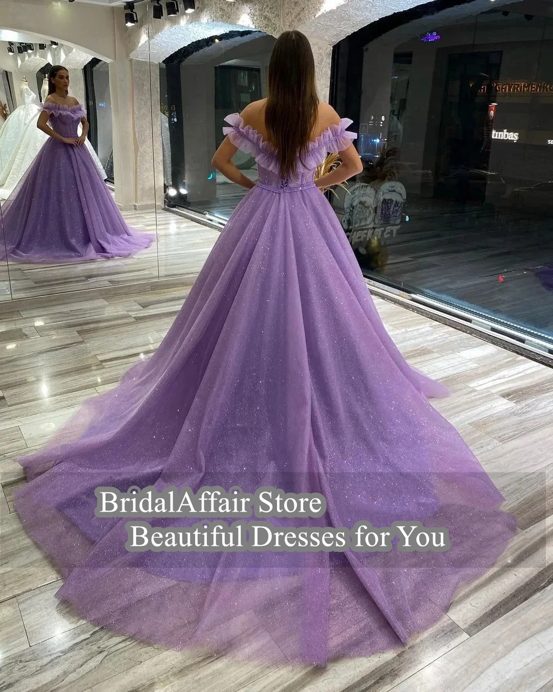 Bridal affair funkelnde 2024 Lavendel Ballkleider Tüll von der Schulter schnüren Rücken fegen Zug formelle Frauen Party Abendkleid