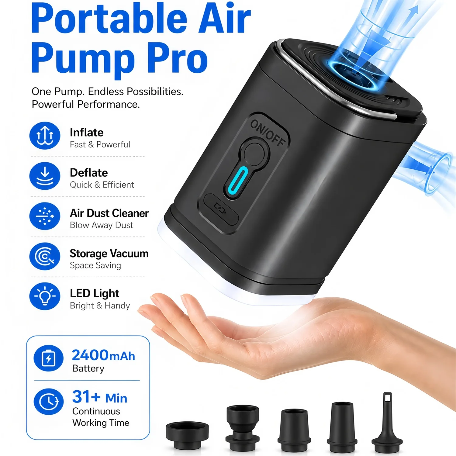 Wireless Inflation Pump Outdoor Mini Air Compressor Air Cushion Bed Swim Ring Multi Function Air Pump with 2400mAh Battery