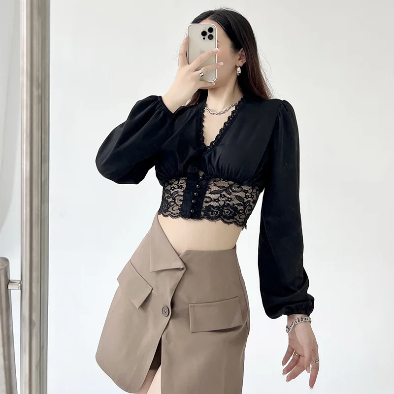 2022 Summer New Long Sleeve Lady Shirt Black Satin Sexy Lace Blouse for Elegant Women Tops