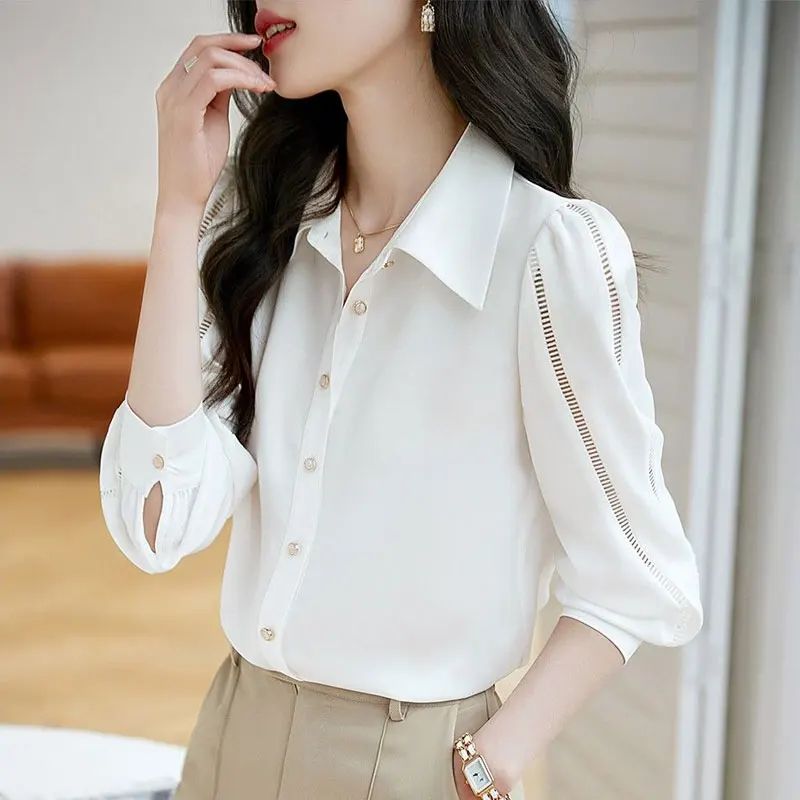 Commute Solid Color Fashion Hollow Out Blouse Casual Single-breasted Female Clothing Polo-Neck Spring Long Sleeve Basic Shirt