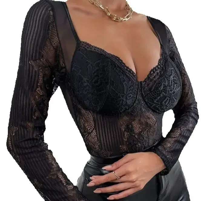 

Woman Fashion Crochet Lace Sheer Mesh Patch Top Temperament Commuting Female Casual Clothing New Women's Sexy Skinny Low Cut Tee