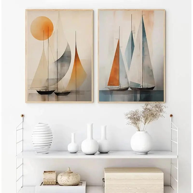 Abstract Boat with Sun Art Poster Prints, Sailing  Boho Canvas Painting Mid Century for Living Room Home Decor Cuadros