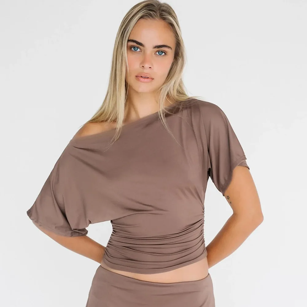 

2025 Off Shoulder Ruched Crop Top Women Basics Solid Color Skew Collar Short Sleeve T-shirts Summer Casual Streetwear Tees
