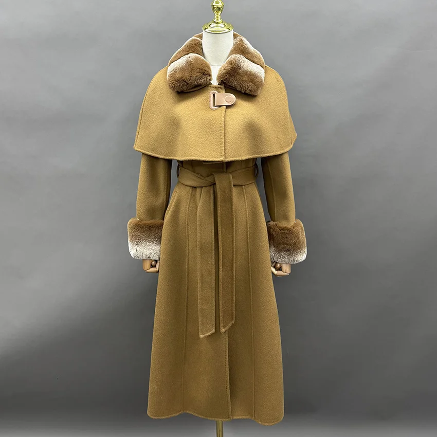 JANEFUR 2026 New Luxury Women Long Wool Overcoat Detachable Cape Real Rabbit Fur Collar Cuffs Elegant Winter Warm Woolen Coat
