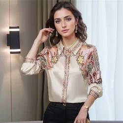 New Fashion Floral Print Women Shirts Satin Tops Long Sleeve Silk Blouses Office Lady Elegant Clothing