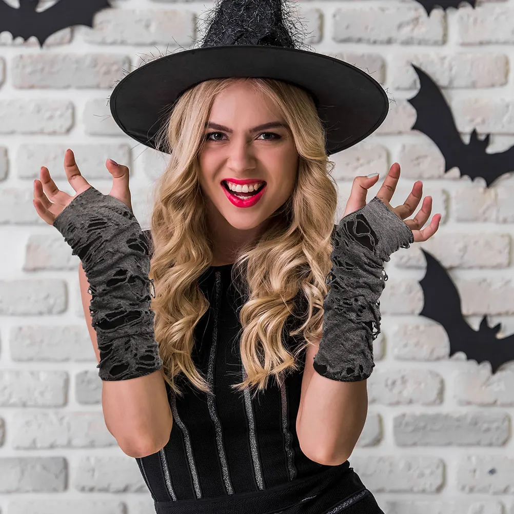 

2 Pairs Fingerless Gloves for Halloween Ragged Punk Accessories Black Polyester Material Gothic Style Comfortable Elastic Fit