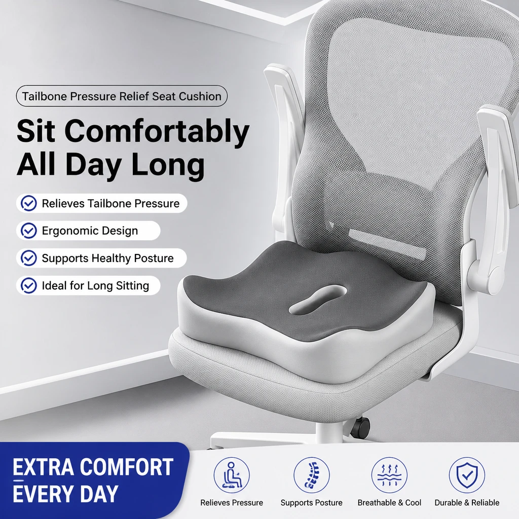 1 PCS Ergonomic Memory Foam Seat Cushion Tailbone Pressure Relief Orthopedic Chair Pad for Office Desk Home Student Long Sitting