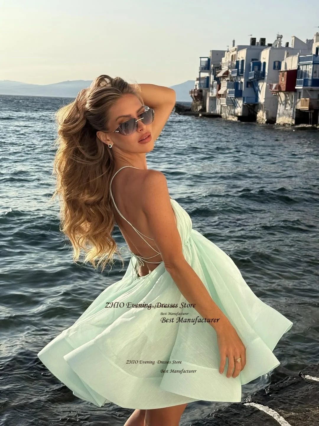 ZHIO Sexy V-Neck Satin Short Cocktail Dress Spaghetti Straps Pleats Prom Gown Customized Sleeveless Ruched Wedding Party Dress