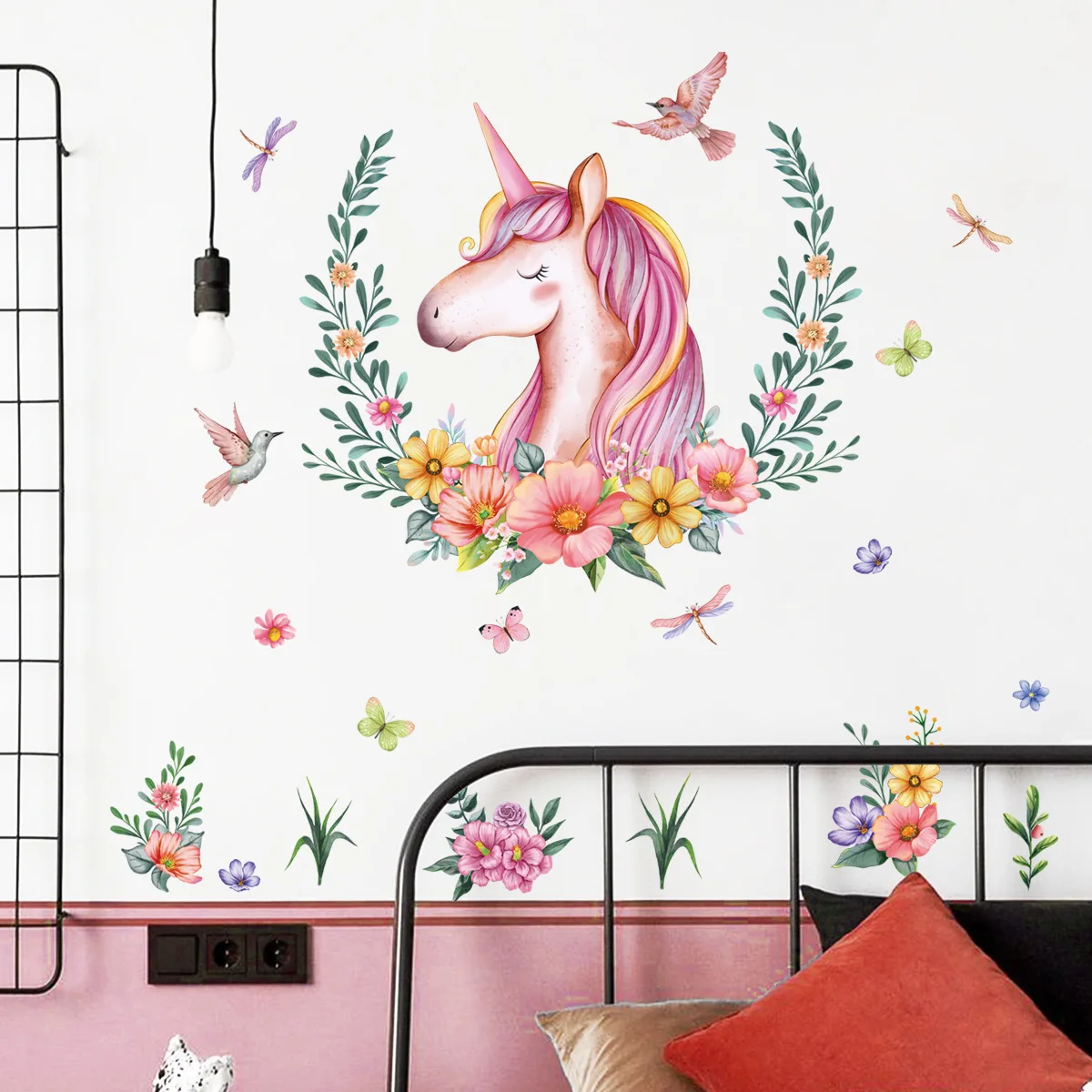 

2pcs Unicorn Flower Butterfly Cartoon Wall Stickers Background Wall Living Room Room Study Decorative Mural Wall Stickers Ms4259