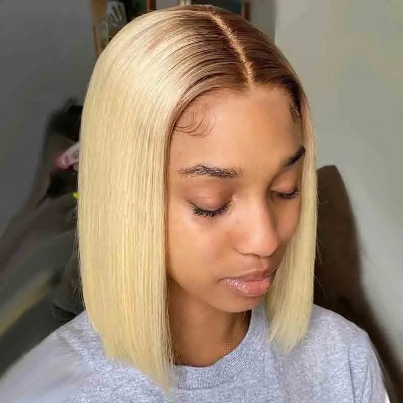 Short Bob Glueless 180Density Ombre Blonde 613 Straight Lace Front Wig For Black Women Babyhair Preplucked Heat Resistant Daily