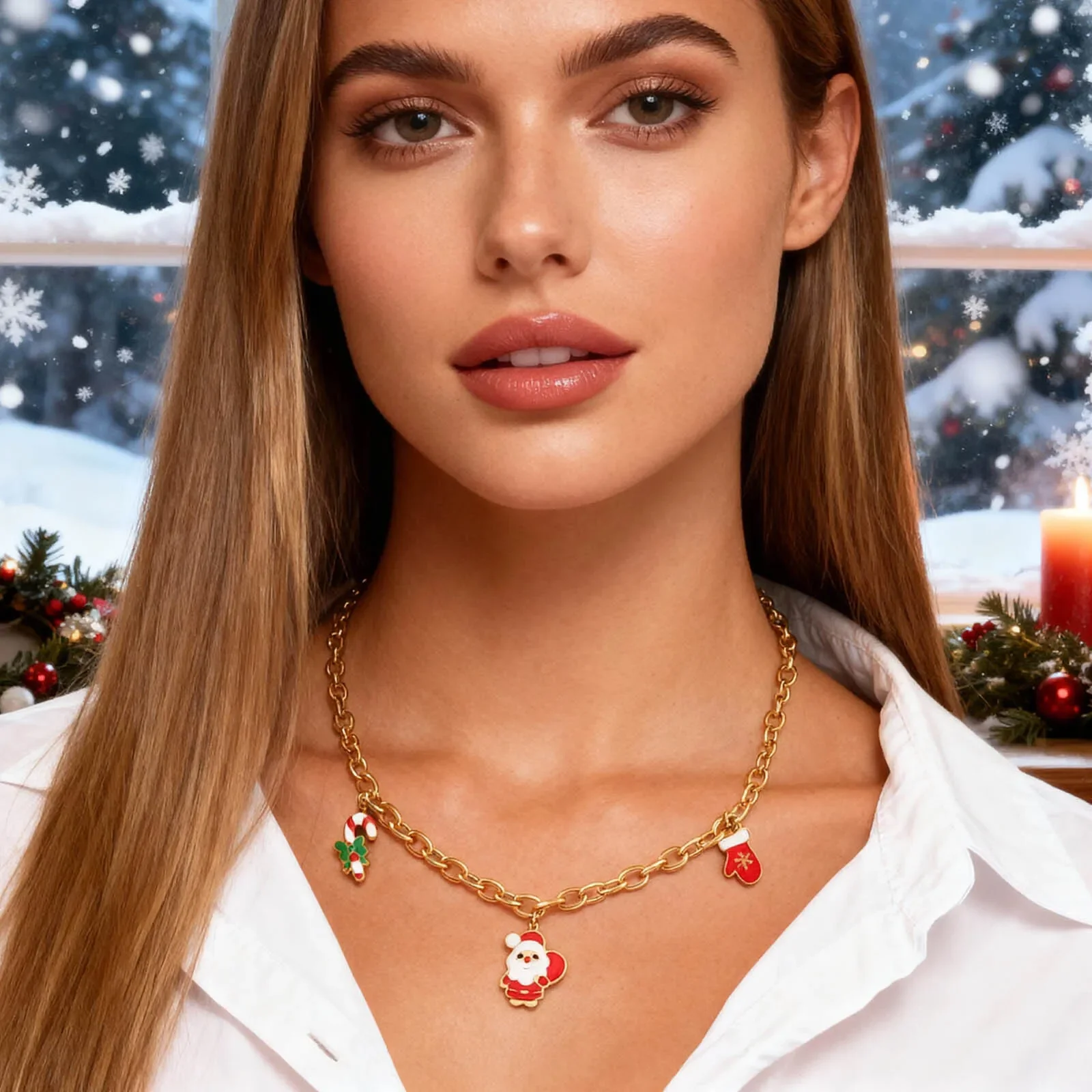 Christmas  Necklace with Stockings Tree and Santa Claus, Charm Jewelry Gifts for Women Wife Mother Friends Sister