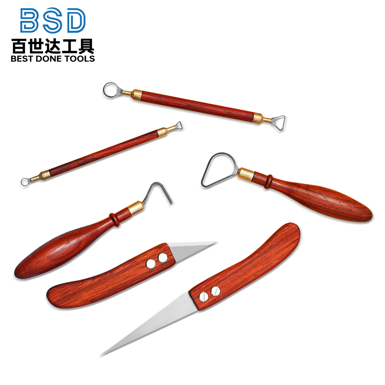 Deluxe Pottery Trimming Tool Set - Red Coralwood & Carbide Double-Ended Clay Cutting Knives