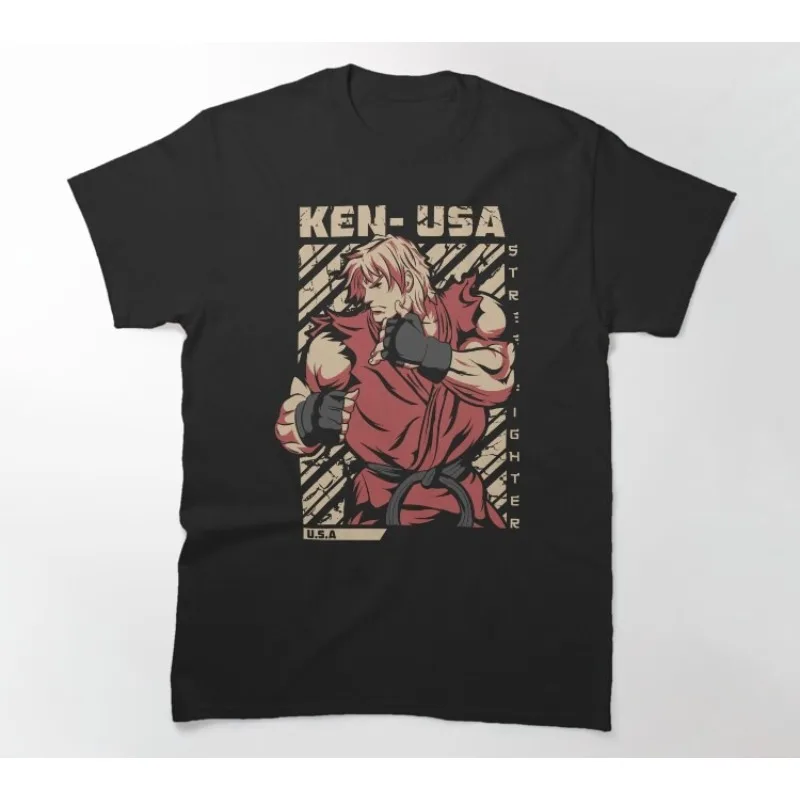 Street Fighter Ken USA Retro Print T-shirt Men Arcade Game Short Sleeve Trendy Pure Cotton Loose Casual Streetwear Top