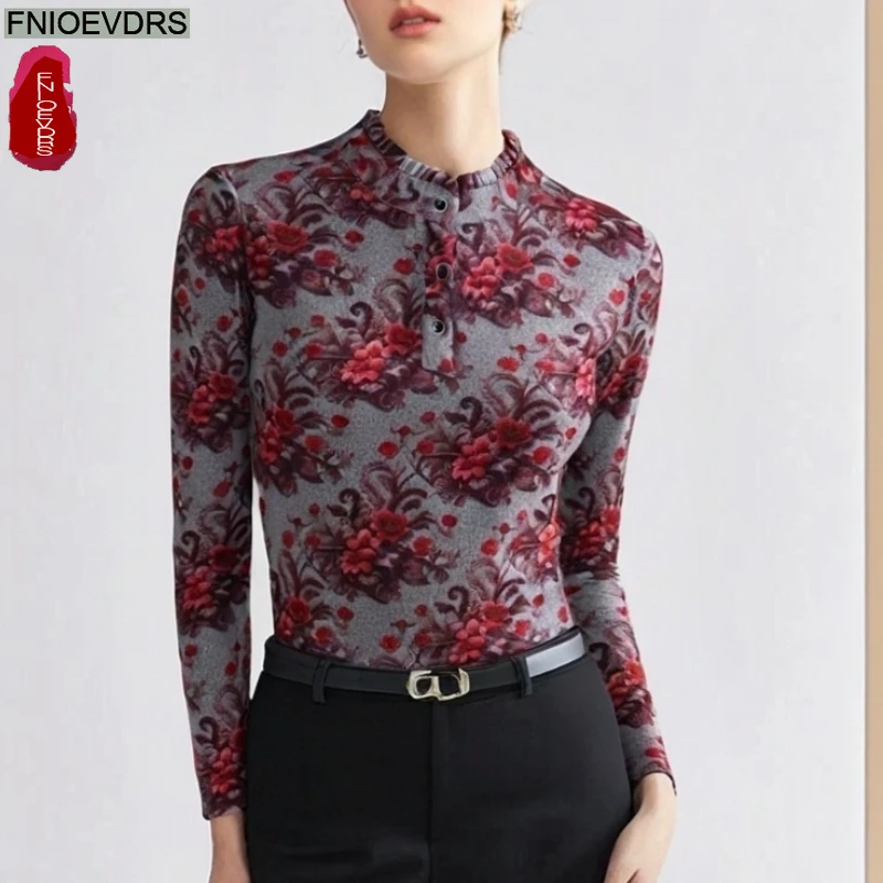 Retro Vintage Bloemenprint Fluwelen Tops Nieuw Design Dames Lange Mouw Bloemen Opstaande Kraag Knop Basics Shirts Blouses