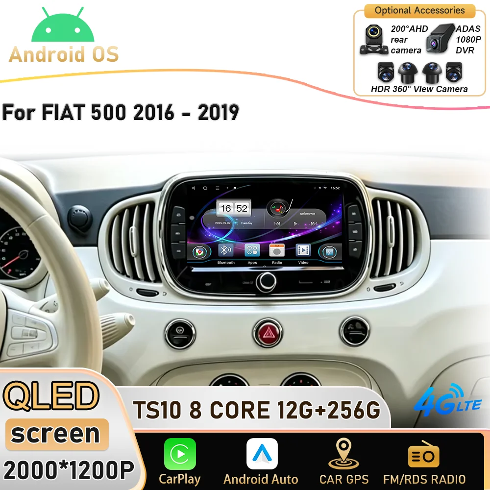 Android 16 Car 7 inch For FIAT 500 2016 2017 2018 2019 Radio Stereo Wireless Carplay Android Auto Touch screen GPS WIFI Dash Cam