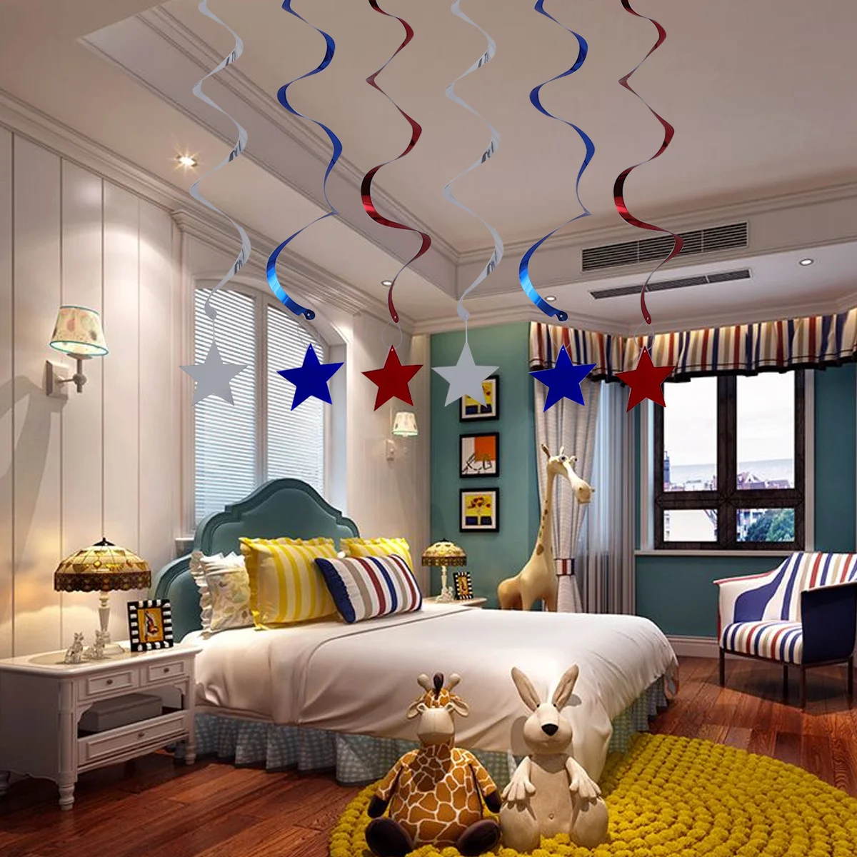 12 قطعة زينة دوامة وطنية أحمر فضي أزرق سقف اللافتات يوم الاستقلال زينة دوامة للحفلات