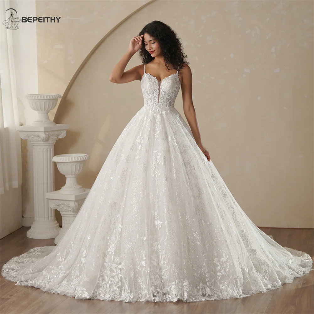 BEPEITHY Abiti da sposa avorio principessa glitter personalizzati per le donne Abito da sposa senza maniche in pizzo shinny con scollo a V 2025