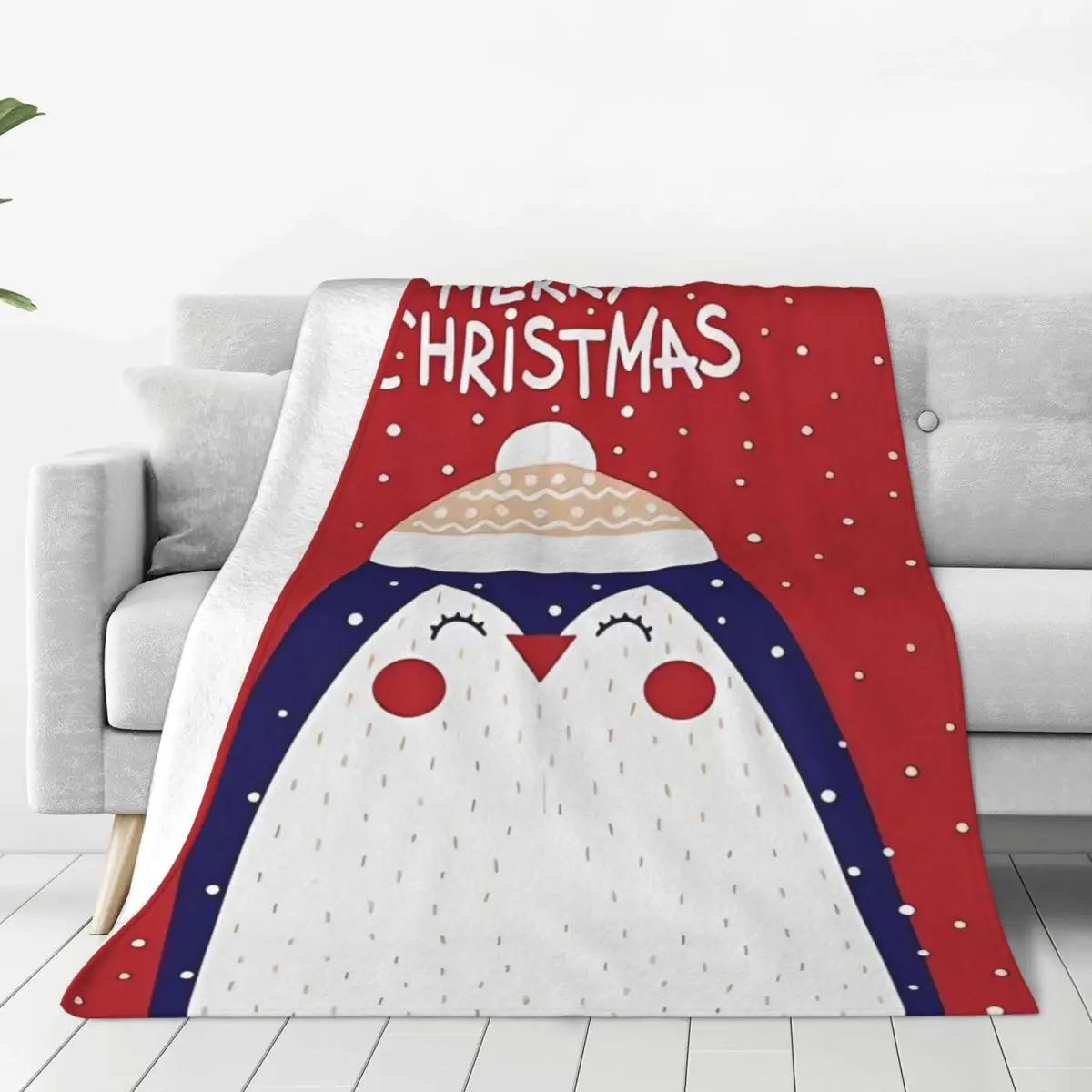 Merry Christmas Flannel Blanket Cute Penguin Soft Durable Throw Blanket for Chair Decorative Print Bedspread Sofa Bed Cover