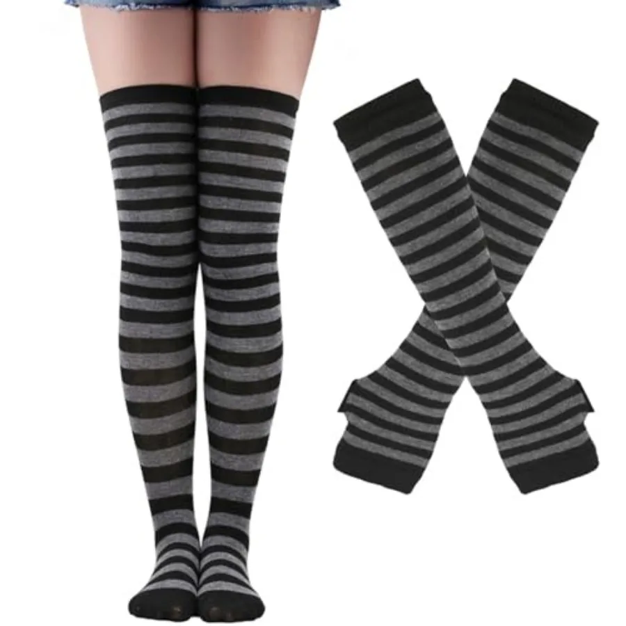 Black White Striped Arm Leg Warmers Set