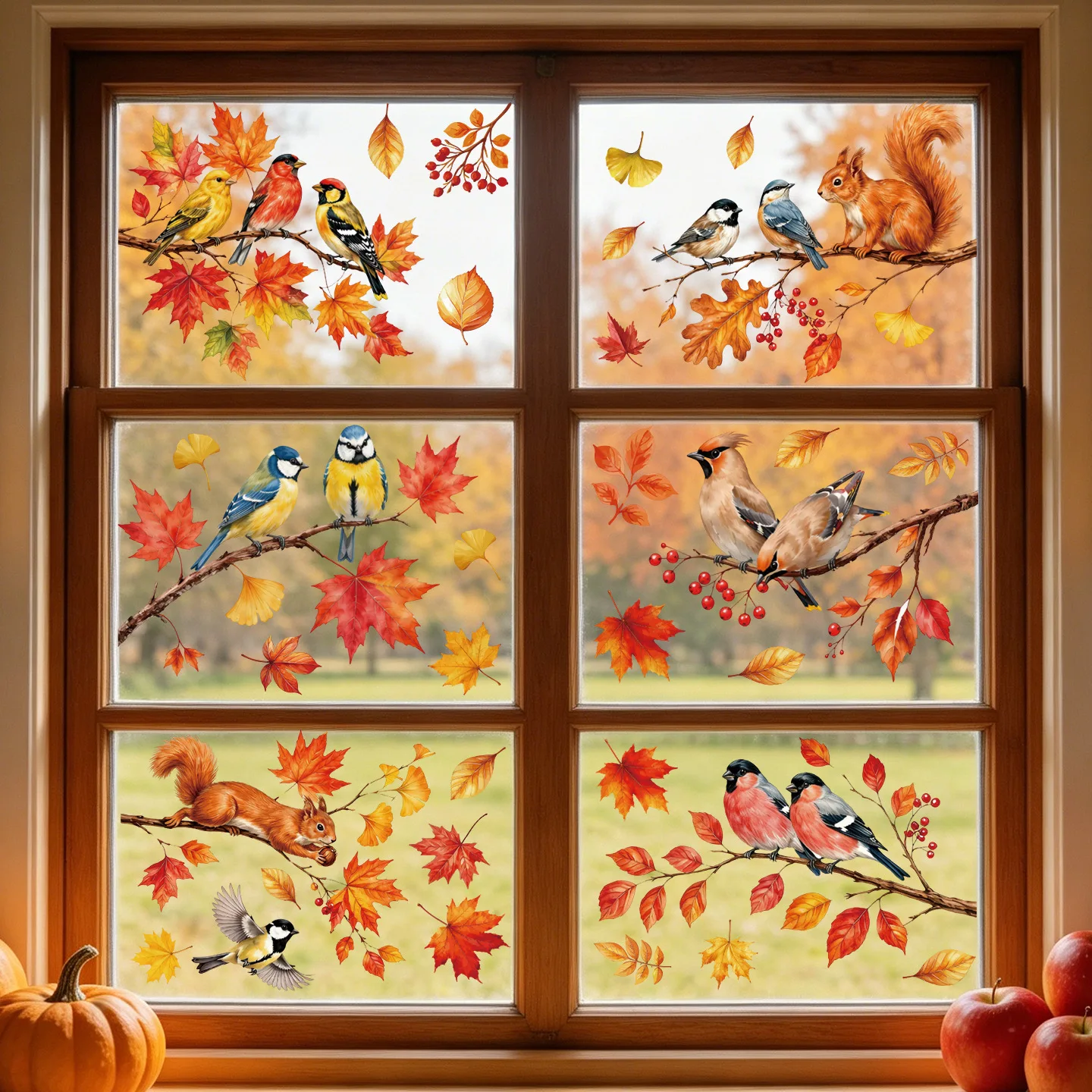 6 Blatt Fensterdekorationen für die Herbstsaison – statische Glasaufkleber mit Eulen und Füchsen – statische Aufkleber für Fenster zum Erntedankfest
