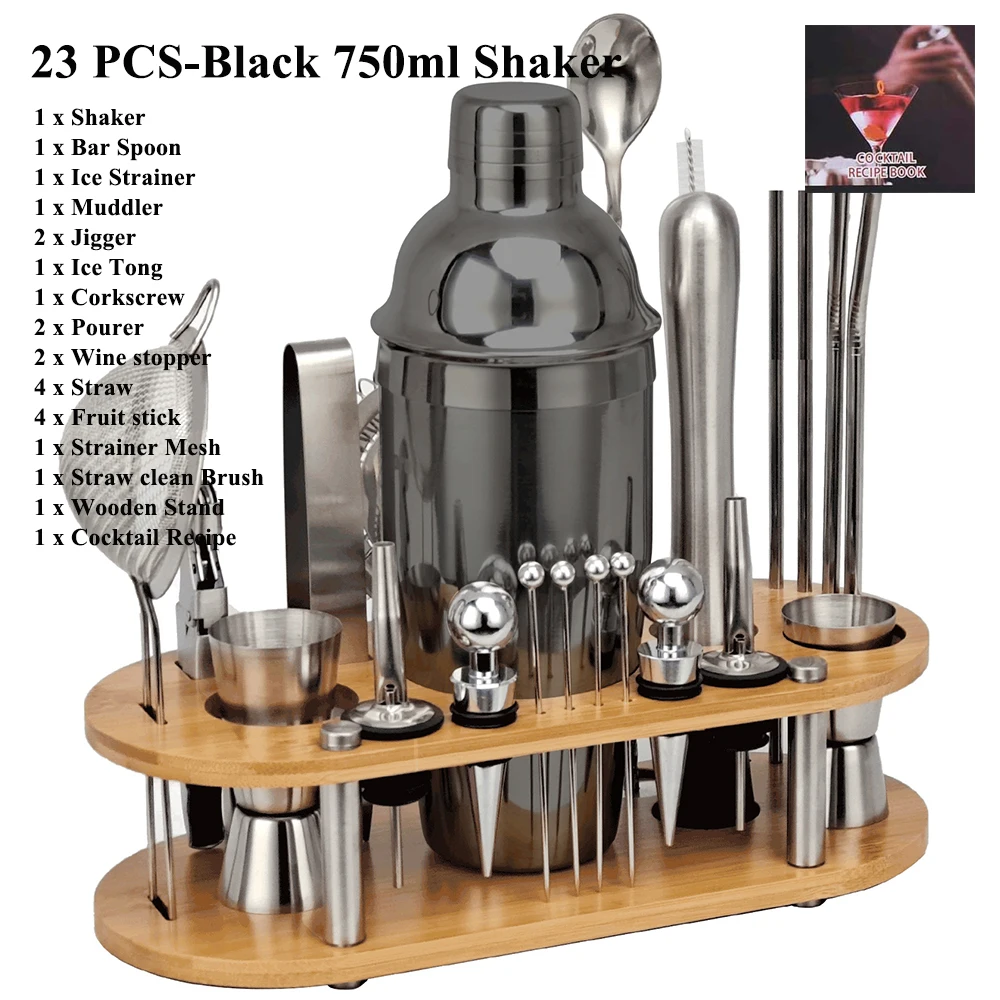 23Piece Complete Bartender Kit Stainless Steel Bar Cocktail Shaker Kit With Wooden Stand Cocktail Set for Home Bar Party