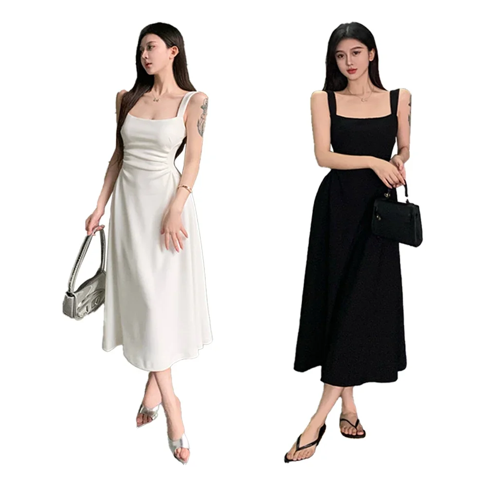 Cocktail Vacation Holiday Dress Skirts Elegant Long Sleeveless Slight Stretch Solid Color Square Collar Summer