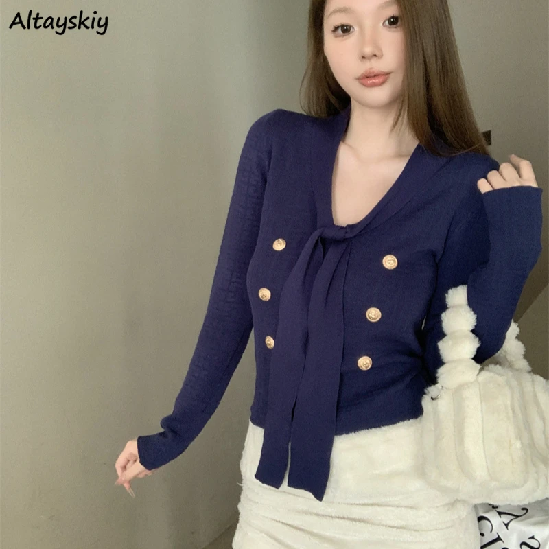 

Cropped Pullovers Women Sequined Buttons Lace-up Design Slim Elegant All-match Temperament V-neck Hot Sale Knitted Jumpers New