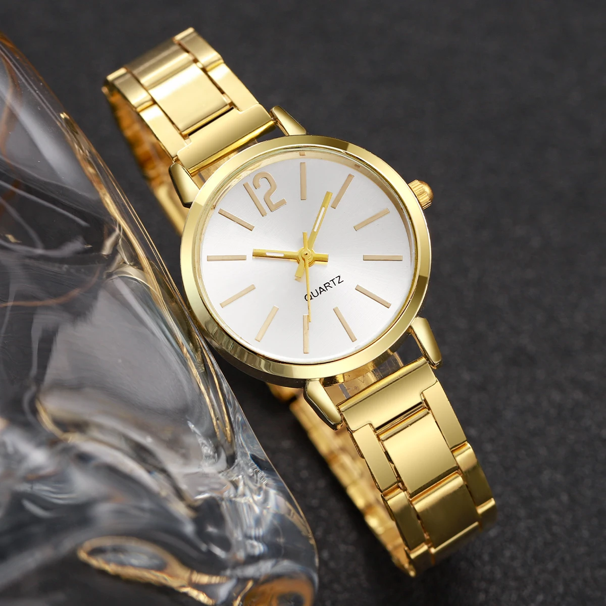2PCS Fashion Womens Watches Opening Cuff Bracelet Set Gold Simple Round Ladies Quartz Wristwatch Reloj Mujer