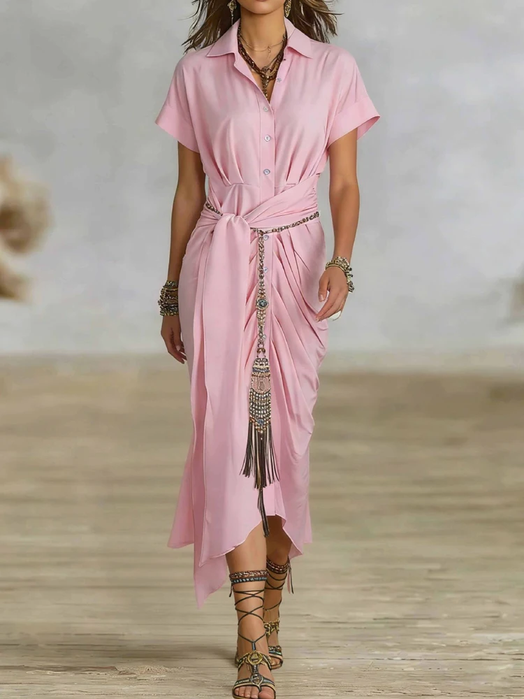 

Элегантное длинное платье с высокой талией для офиса, весна-лето, женское платье с отложным воротником, коротким рукавом, повседневное, на пуговицах, с завязками, в стиле рубашки