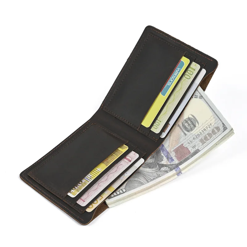 Men's Crazy Horse Leather Wallet Genuine Leather Card Holder Purse Minimalist 2-Fold Horizontal