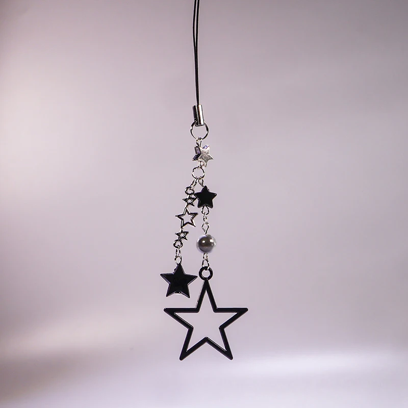 Corrente telefônica estrela preta bonito, Encantos frescos doces, Chaveiro Kawaii, Correia, Cordão com pérola estrela, Acessórios de desenhos animados