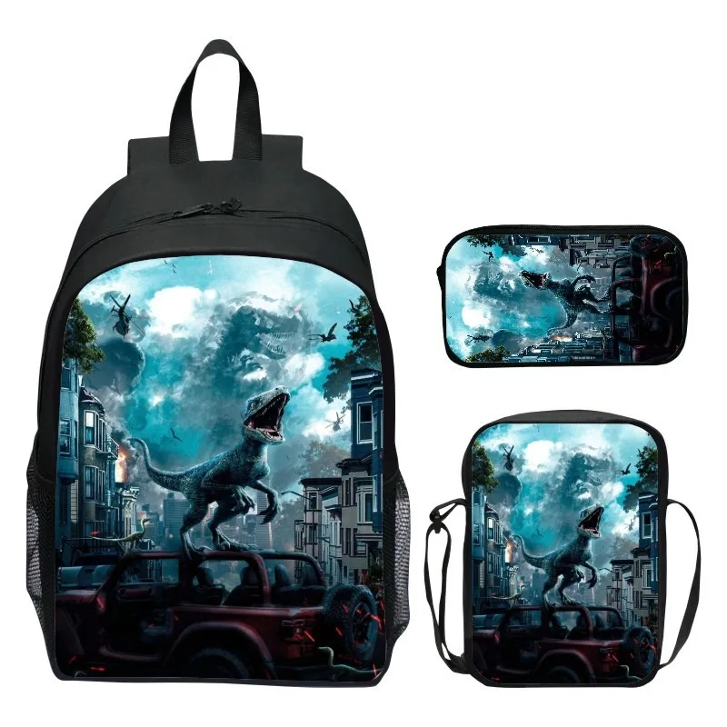 Three-piece Suit Children\'s Schoolbag Jurassic Dinosaur World Primary School Students\' Fashion Backpack Cool Backpack Men Women.