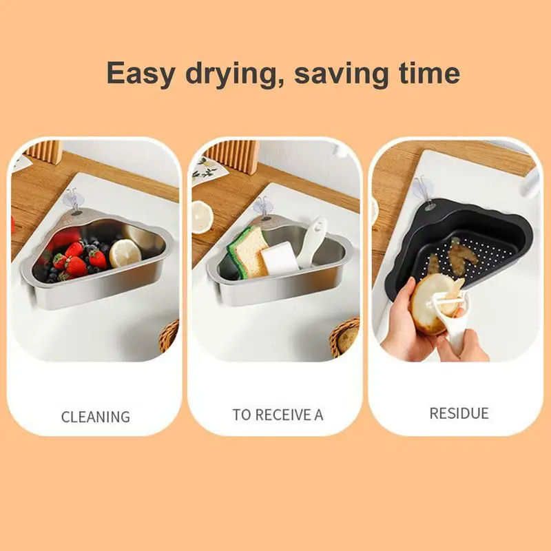 Sink Rack Corner Drain Triangle Design Storage Rack For Kitchen Drain Basket For Kitchen Sink Stainless Steel Sink Strainer