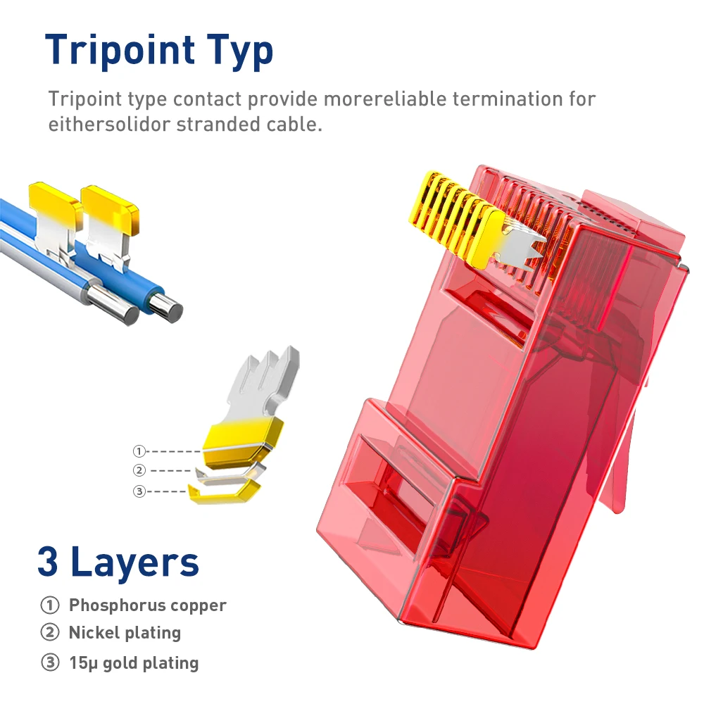Natalink RJ45 CAT6 CAT5e Durchsteck-Modularstecker 8P8C Kristallende Vergoldet für UTP-Netzwerkkabel (Massiv- oder Litzenleiter)