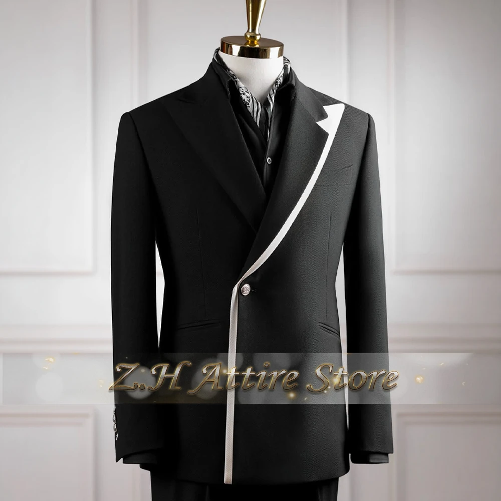 Elegant Men's Suit 2pcs Set Black White Jacket Pants Custom Slim Fit Outfit for Wedding Groom Prom Party Tuxedo