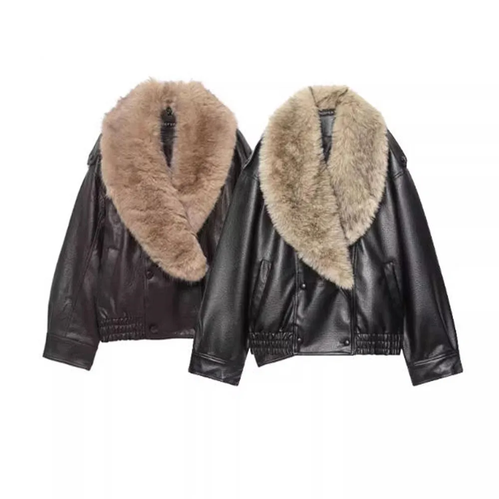 

Winter new women's fashion detachable collar imitation leather jacket jacket